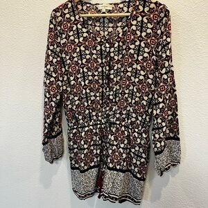 Umgee Printed Long Sleeve Romper - Size Medium, V-neck, Elastic Waist